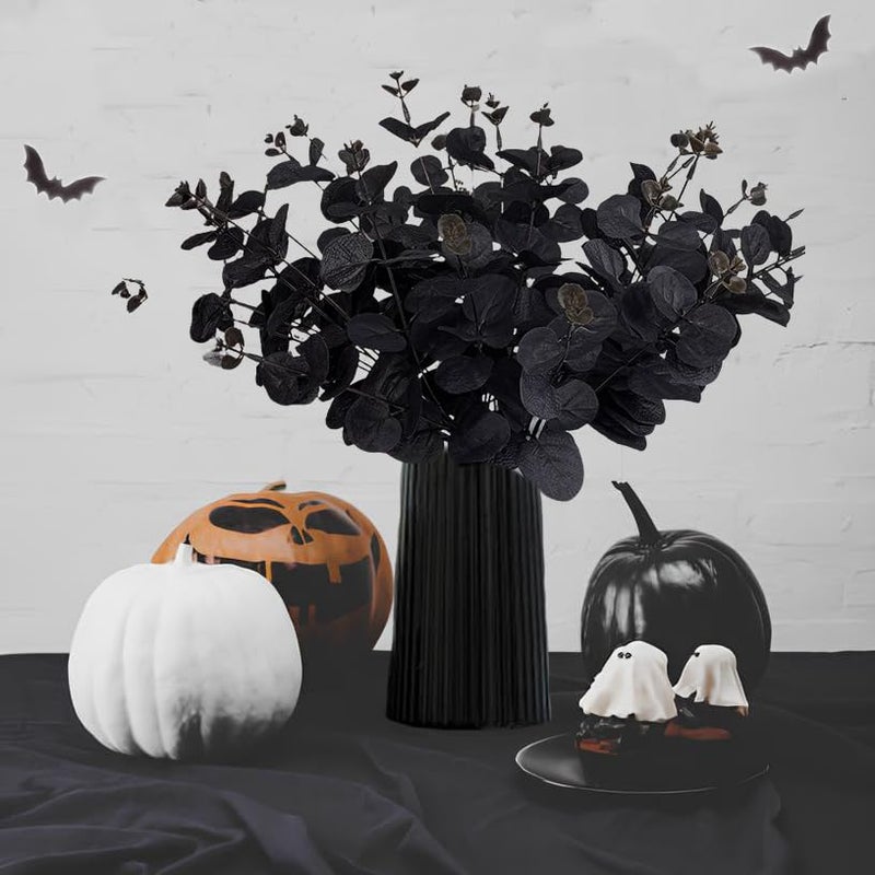 Tinsow 5 Pcs Black Artificial Eucalyptus Stems Faux Eucalyptuses Branches Black Leaf Halloween Centerpiece Halloween Home Decor (Black, 5) - Image 3